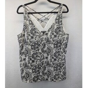 Express Sleeveless Blouse Large White Black Floral Lace Print Crisscross Lined